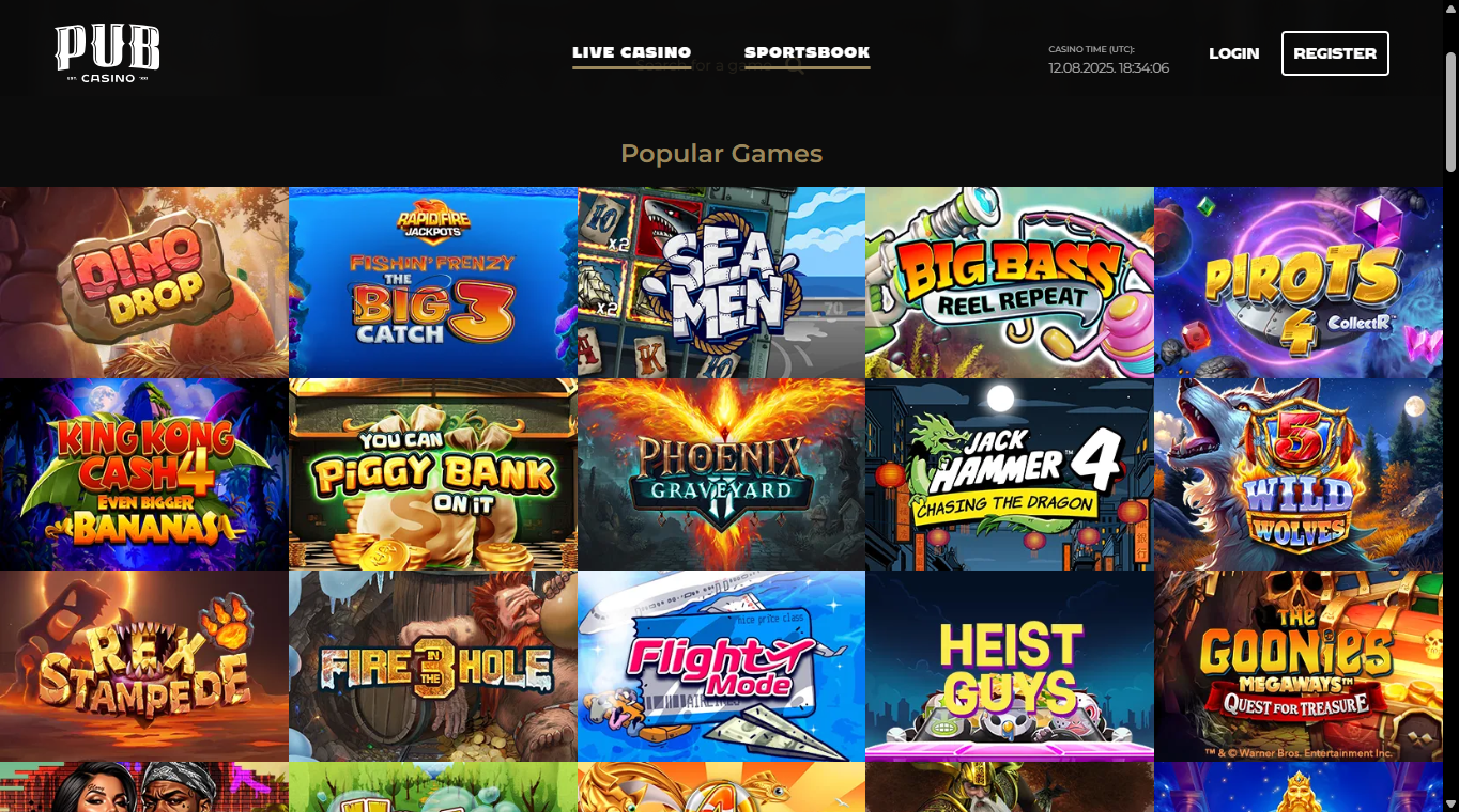 Popular slot games lobby